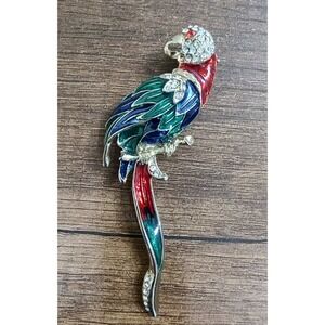 GOLDTONE ENAMEL PARROT BROOCH RED BLUE GREEN WITH CLEAR AND RED RHINESTONES J221
